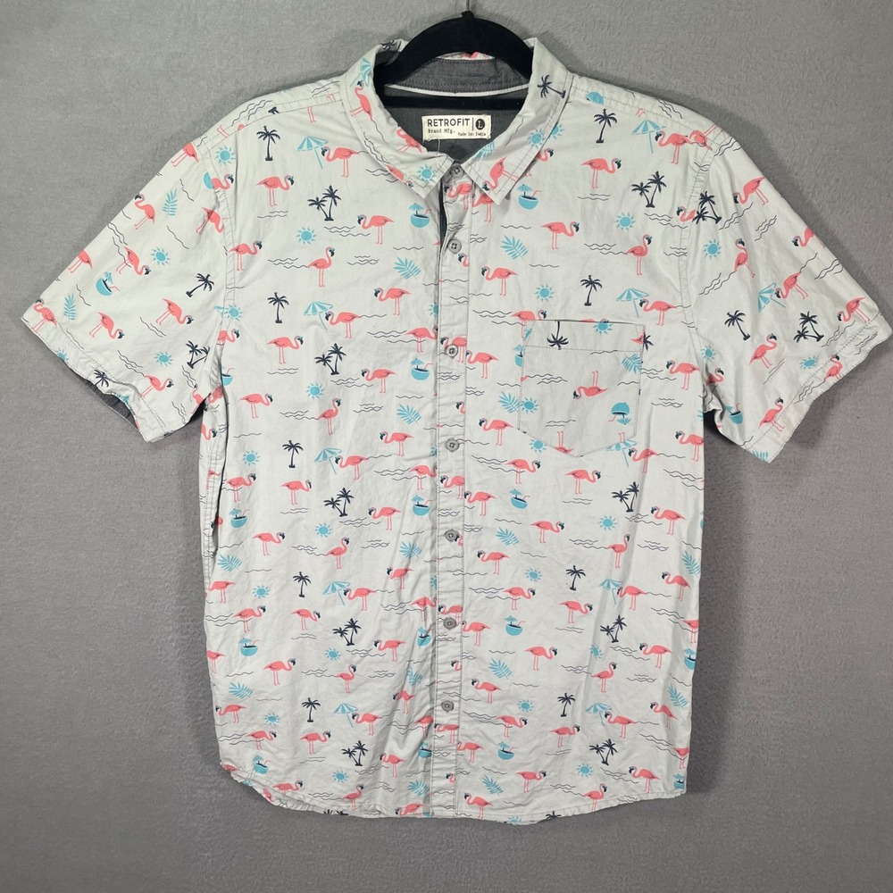 Retrofit‎ Mens Large Button Down Shirt White Flamingo Tropical Short Sleeve